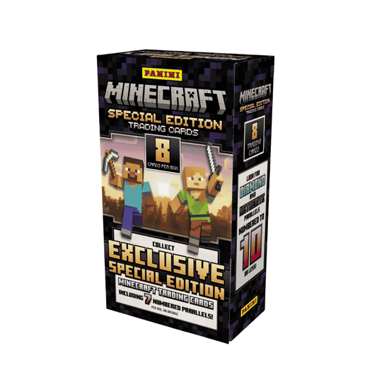 A 2025 Panini Minecraft Special Edition hobby box featuring Steve and Alex on the packaging.