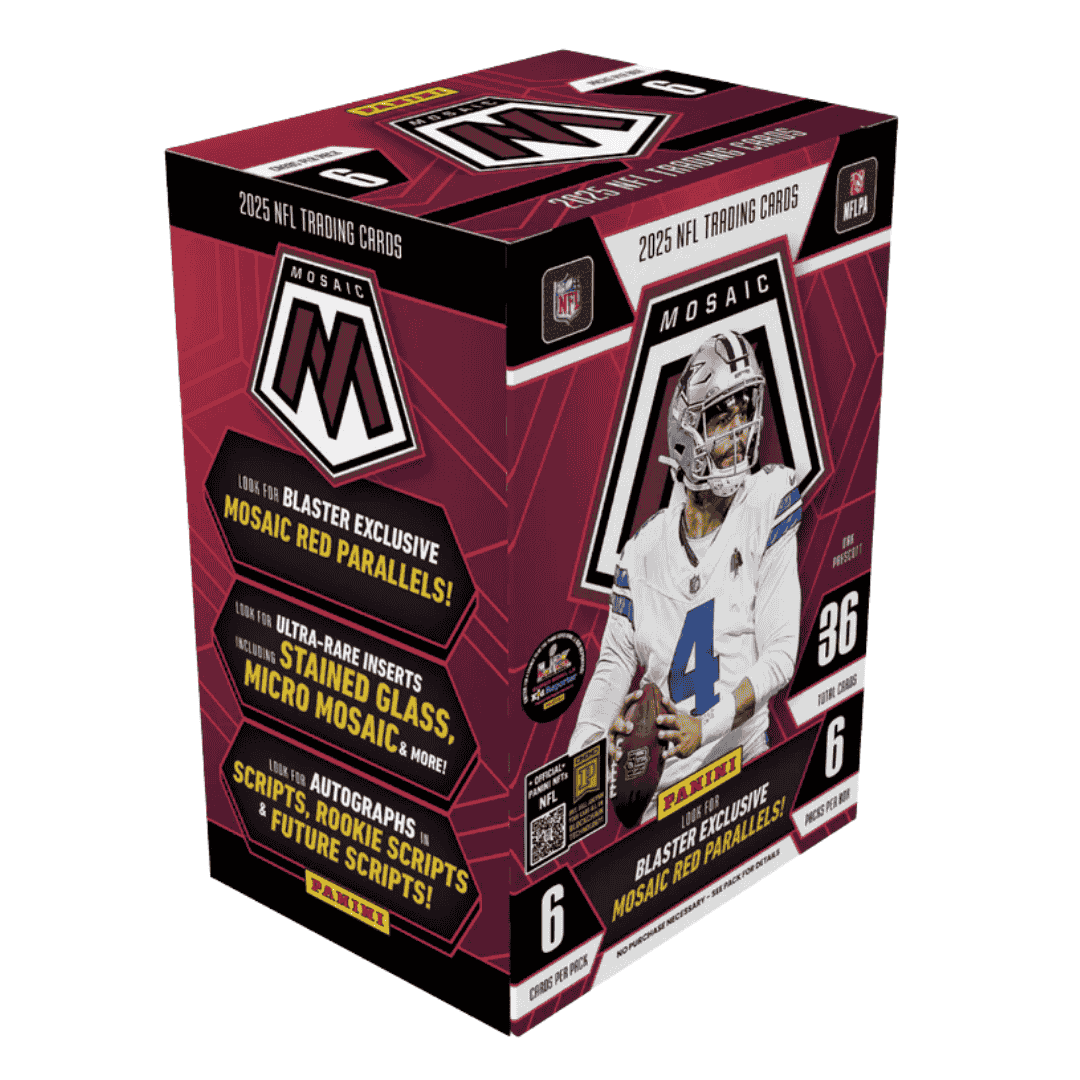 A 2025 Panini Mosaic football trading card blaster box featuring Dak Prescott on the packaging.