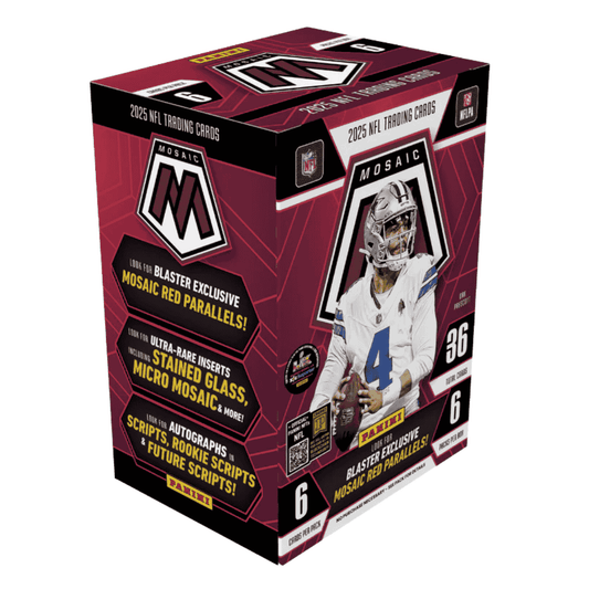 A 2025 Panini Mosaic football trading card blaster box featuring Dak Prescott on the packaging.