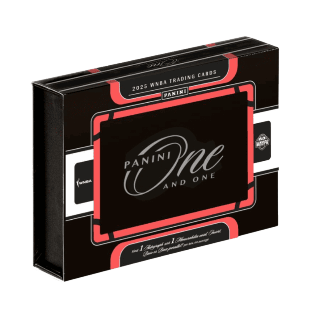 A black 2025 Panini One and One WNBA basketball hobby box with red accents.