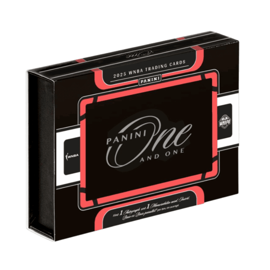A black 2025 Panini One and One WNBA basketball hobby box with red accents.