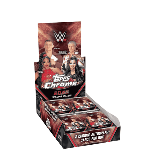 A 2025 Topps Chrome WWE hobby box featuring wrestling superstars on the packaging.