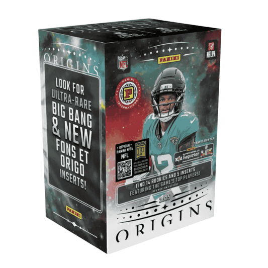 A 2025 Panini Origins Football International blaster box featuring a space-themed design.