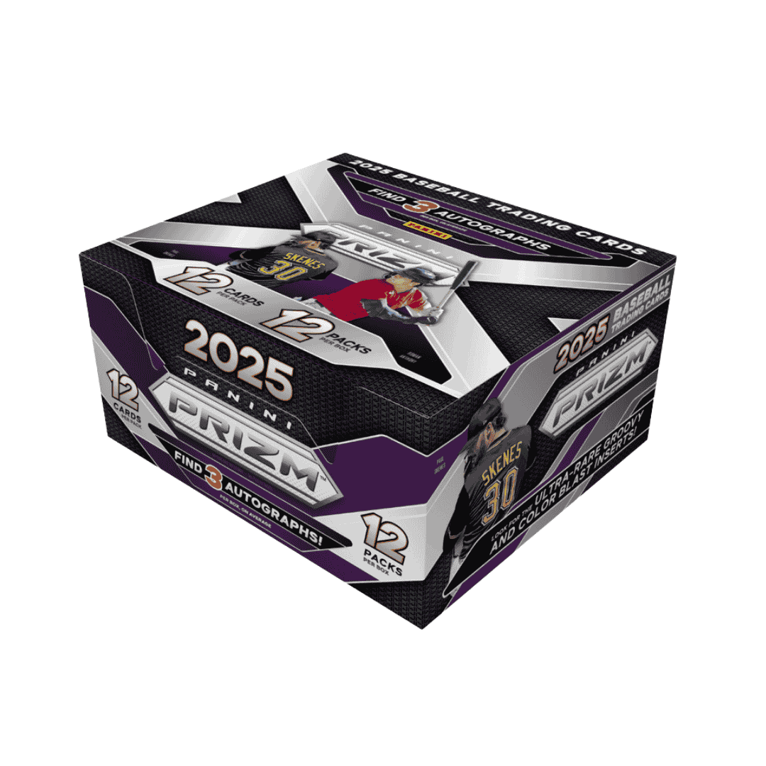A 2025 Panini Prizm Baseball hobby box featuring imagery of Paul Skenes on the packaging.