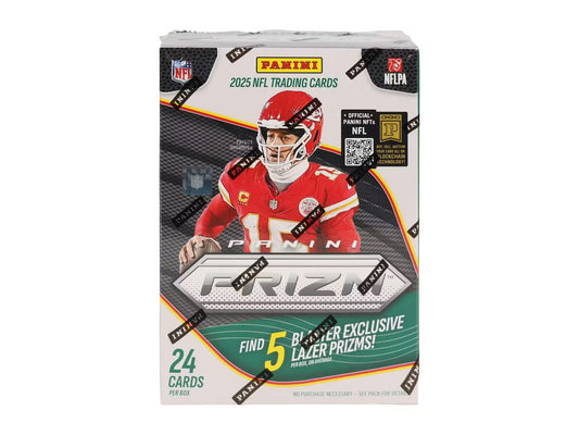A 2025 Panini Prizm Football blaster box featuring Patrick Mahomes on the packaging.