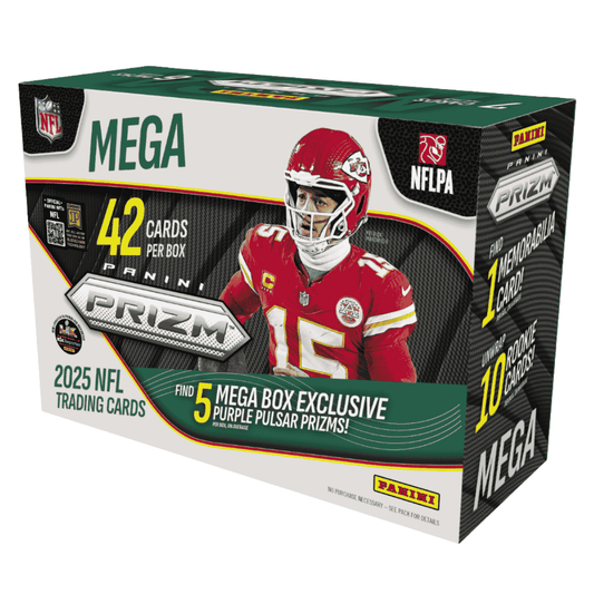 A 2025 Panini Prizm Football Mega Box featuring Patrick Mahomes on the packaging.