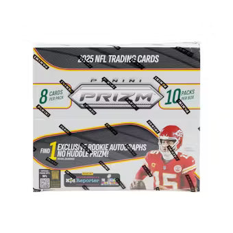A 2025 Panini Prizm Football No Huddle hobby box featuring Patrick Mahomes on the packaging.