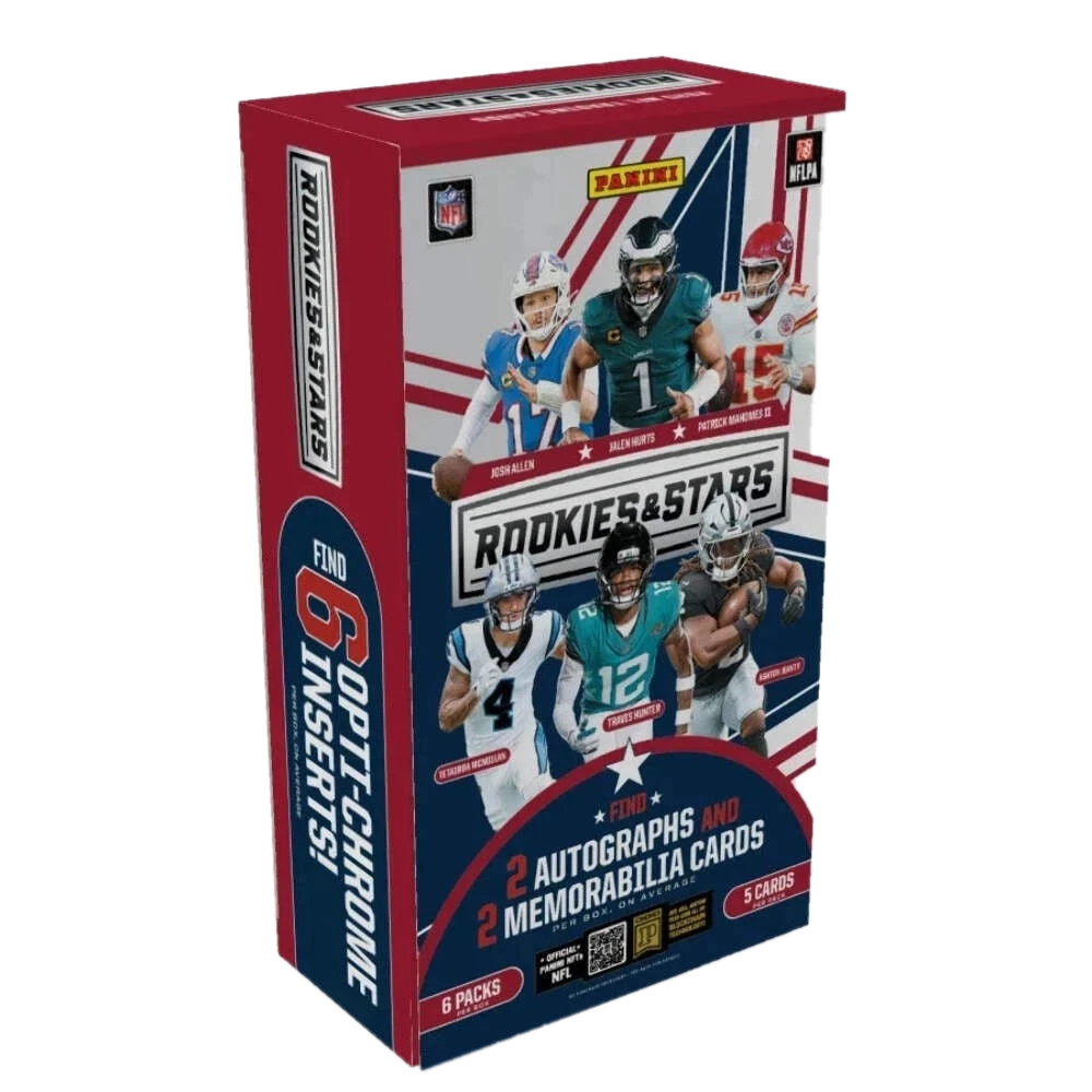 A 2025 Panini Rookies and Stars football hobby box featuring professional players on the packaging.