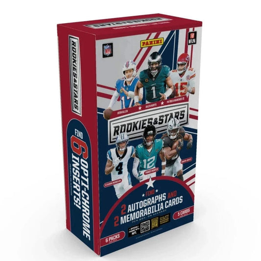 A 2025 Panini Rookies and Stars football hobby box featuring professional players on the packaging.