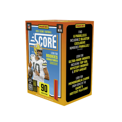 A 2025 Panini Score Football blaster box featuring Jordan Love on the packaging.