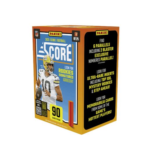 A 2025 Panini Score Football blaster box featuring Jordan Love on the packaging.