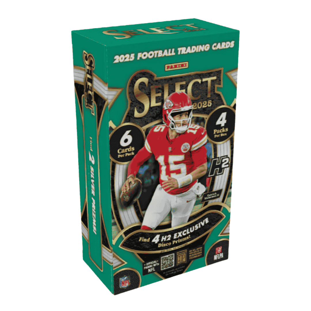 A 2025 Panini Select Football H2 trading card box featuring Patrick Mahomes on the packaging.