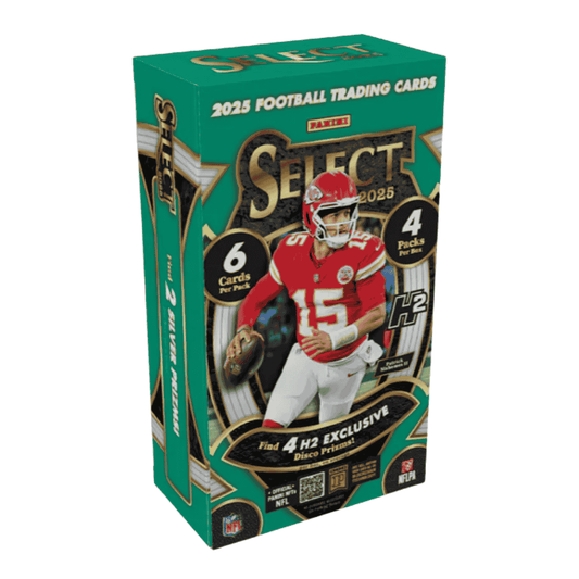 A 2025 Panini Select Football H2 trading card box featuring Patrick Mahomes on the packaging.