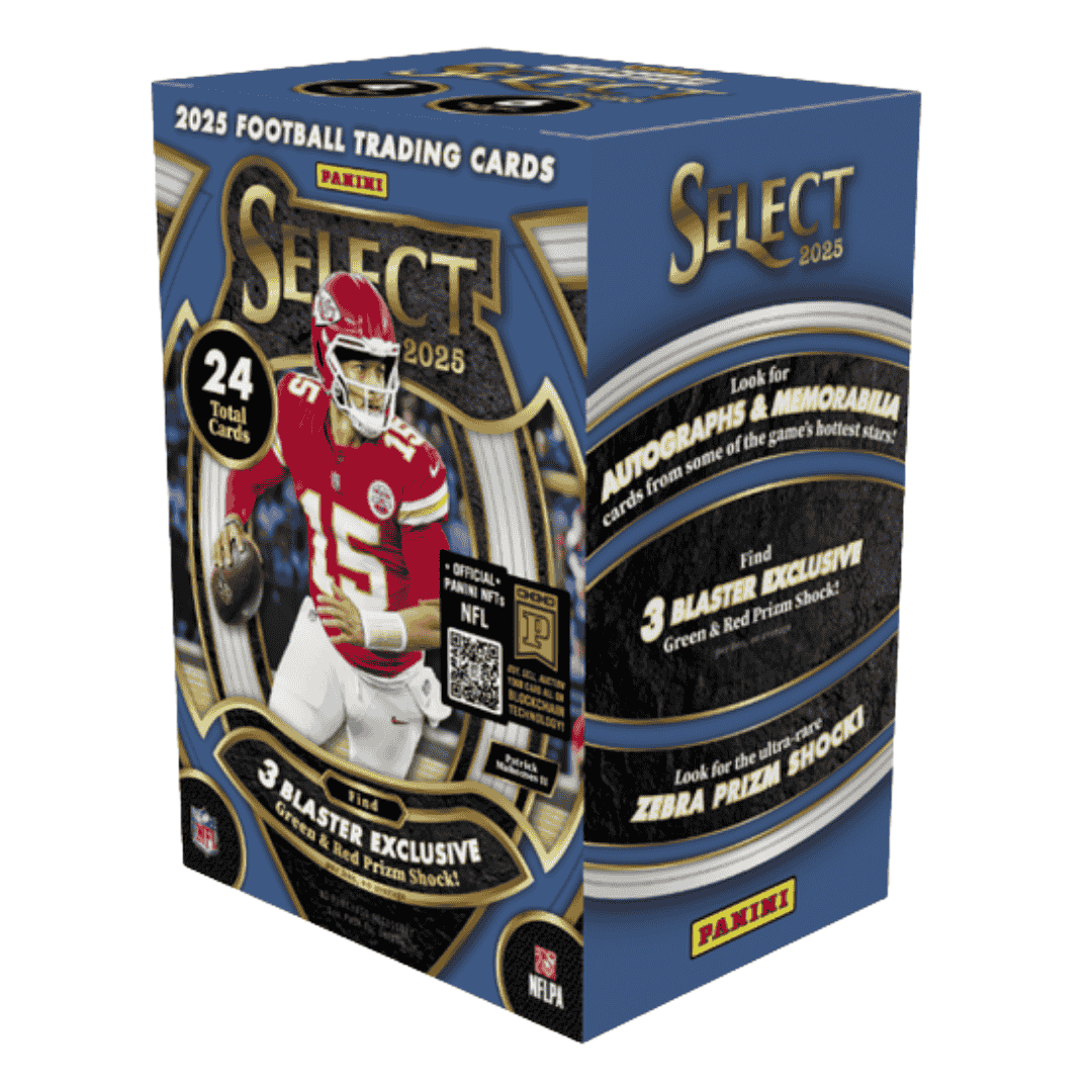 A 2025 Panini Select football trading card blaster box featuring Patrick Mahomes on the front.