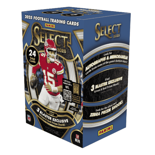 A 2025 Panini Select football trading card blaster box featuring Patrick Mahomes on the front.