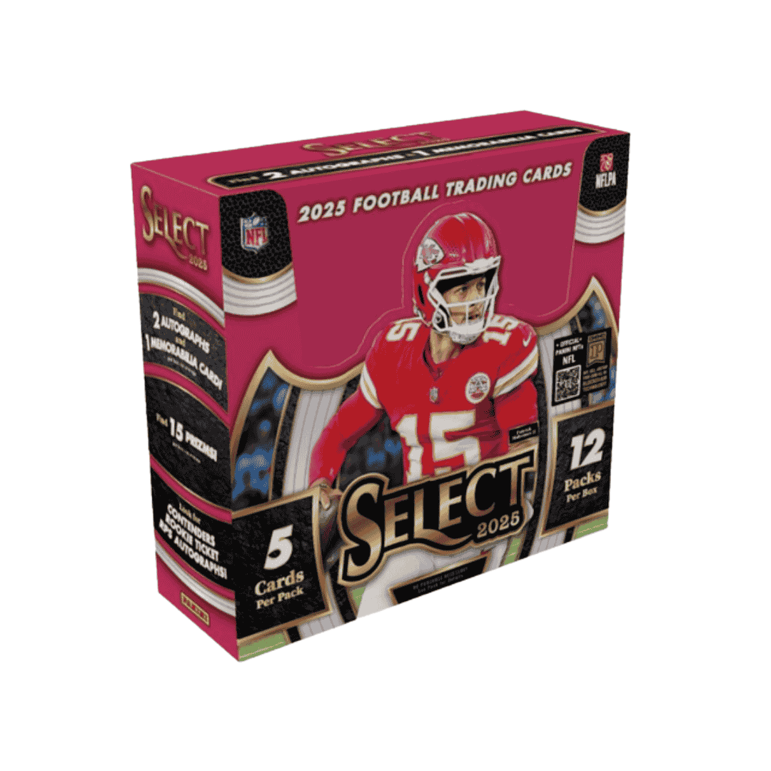 A 2025 Panini Select football hobby box featuring Patrick Mahomes on the packaging.