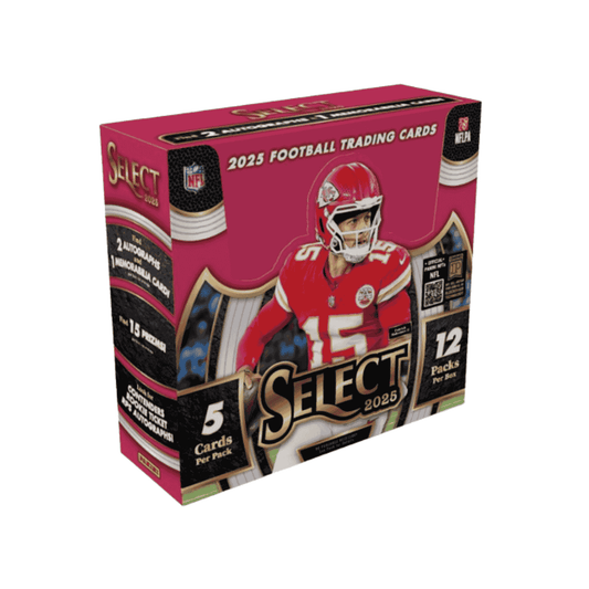 A 2025 Panini Select football hobby box featuring Patrick Mahomes on the packaging.