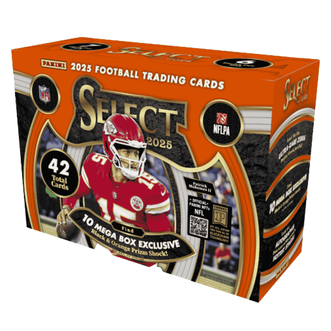 A 2025 Panini Select Football Mega Box featuring Patrick Mahomes on the packaging.