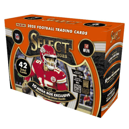 A 2025 Panini Select Football Mega Box featuring Patrick Mahomes on the packaging.