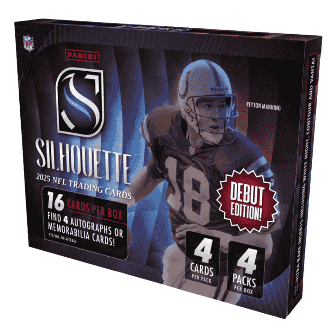 A 2025 Panini Silhouette football hobby box featuring Peyton Manning on the packaging.