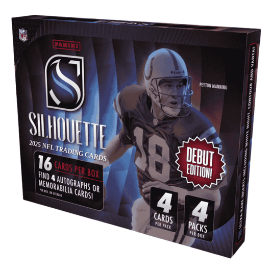 A 2025 Panini Silhouette football hobby box featuring Peyton Manning on the packaging.