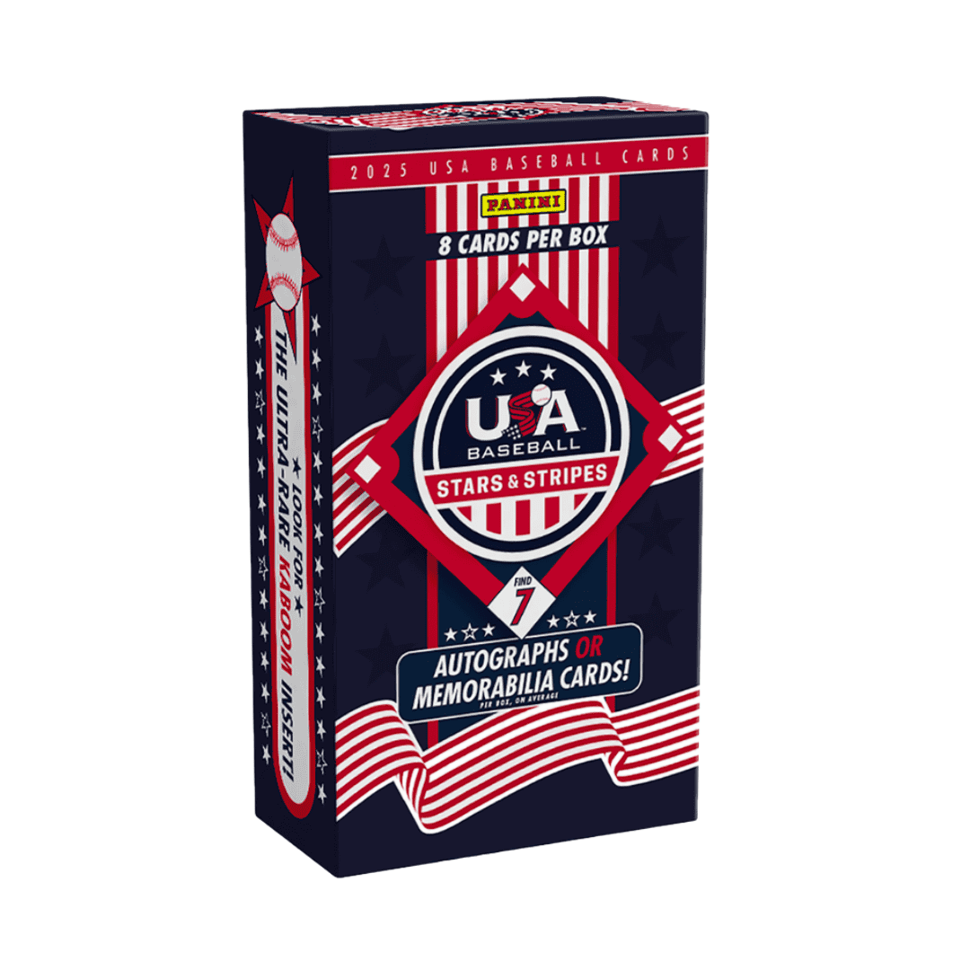 A 2025 Panini Stars and Stripes USA Baseball hobby box featuring red, white, and blue branding.