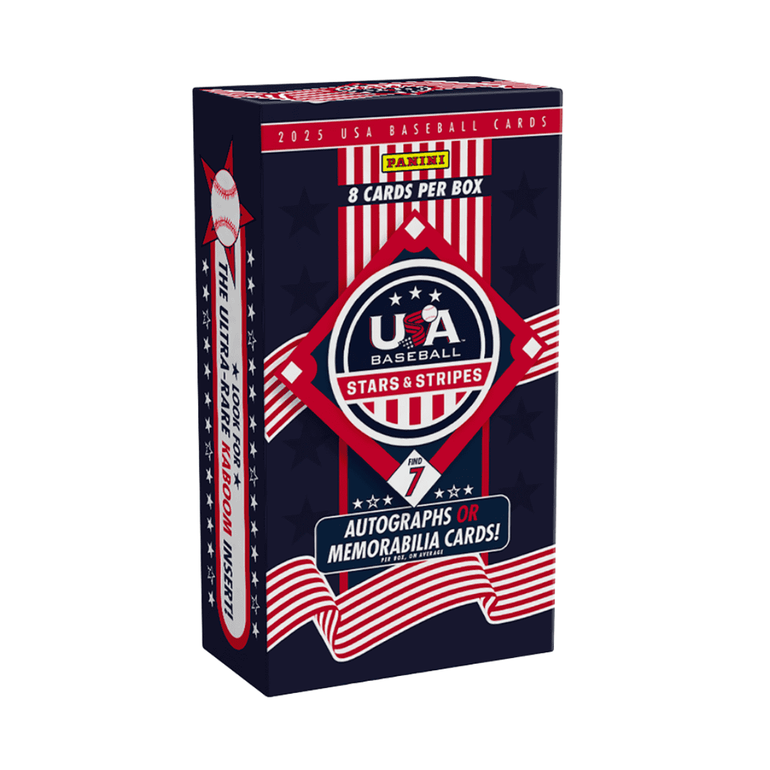 A 2025 Panini Stars and Stripes USA Baseball hobby box featuring red, white, and blue branding.