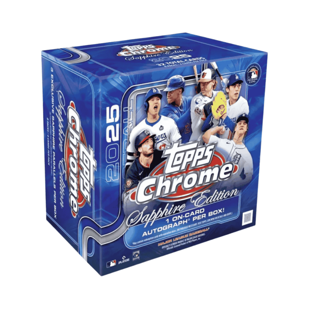 A 2025 Topps Chrome Baseball Sapphire Edition box featuring blue branding and player imagery.