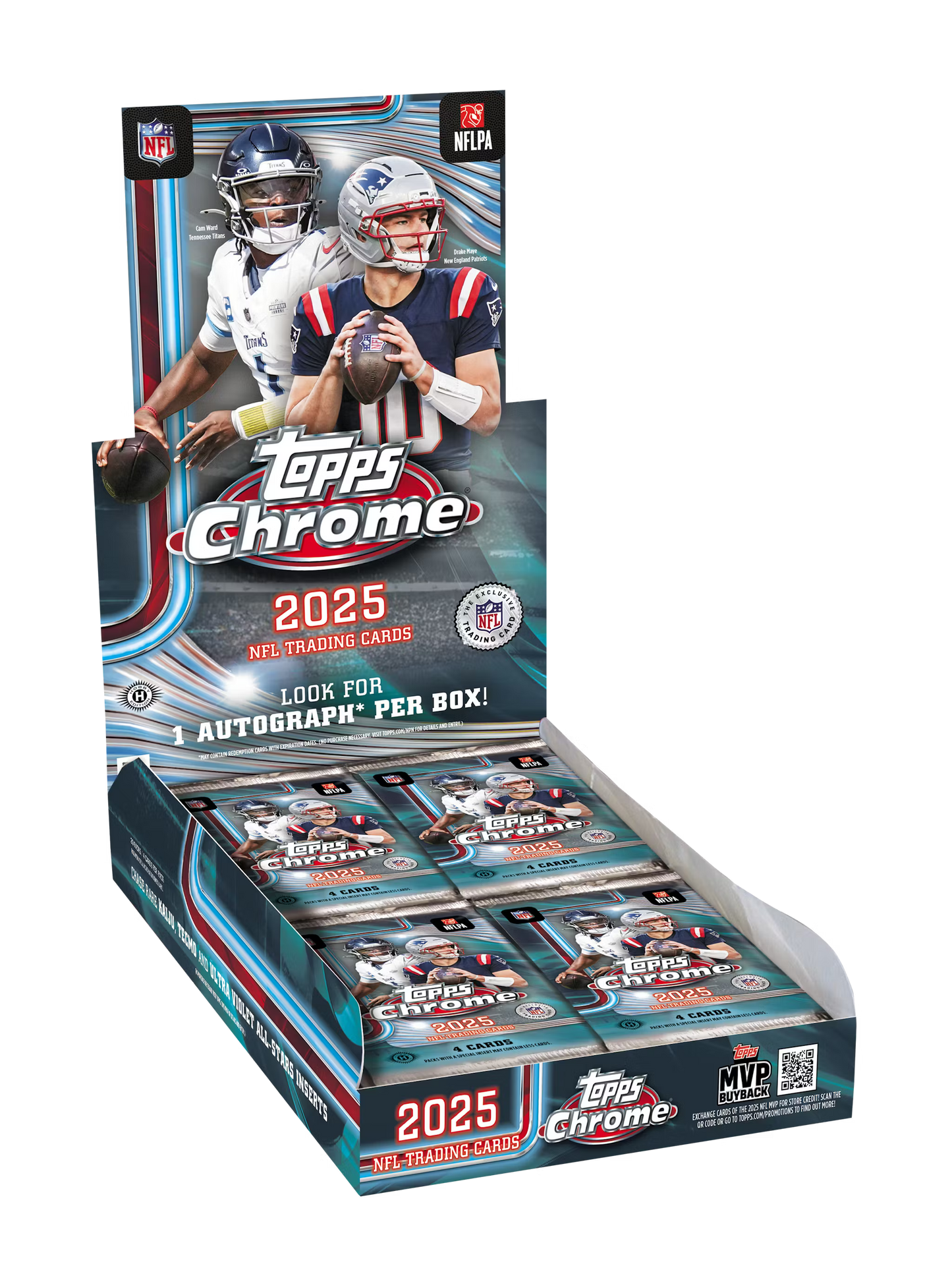 A 2025 Topps Chrome Football hobby box containing multiple packs of trading cards.