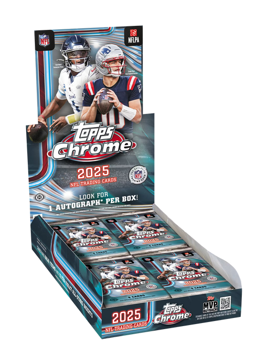 A 2025 Topps Chrome Football hobby box containing multiple packs of trading cards.