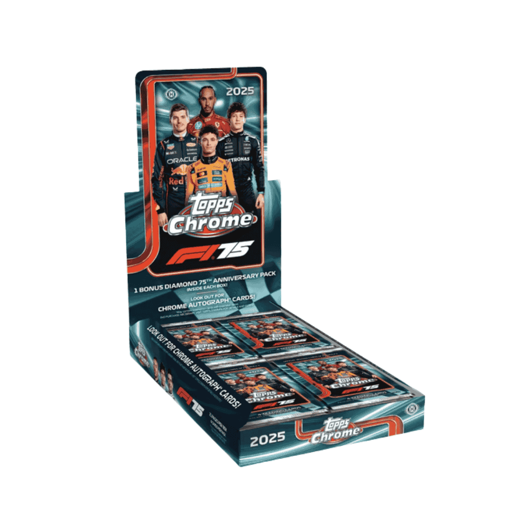 A 2025 Topps Chrome Formula 1 hobby box featuring images of racing drivers on the packaging.