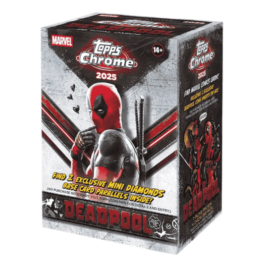 A 2025 Topps Chrome Marvel Deadpool blaster box featuring an image of Deadpool on the front.