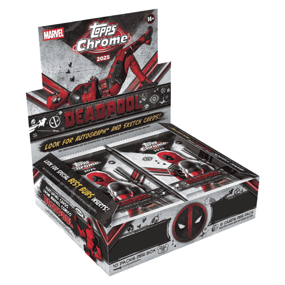 A 2025 Topps Chrome Marvel Deadpool hobby box containing ten packs of trading cards.