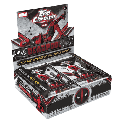 A 2025 Topps Chrome Marvel Deadpool hobby box containing ten packs of trading cards.
