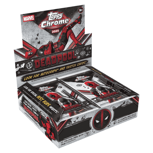A 2025 Topps Chrome Marvel Deadpool hobby box containing ten packs of trading cards.