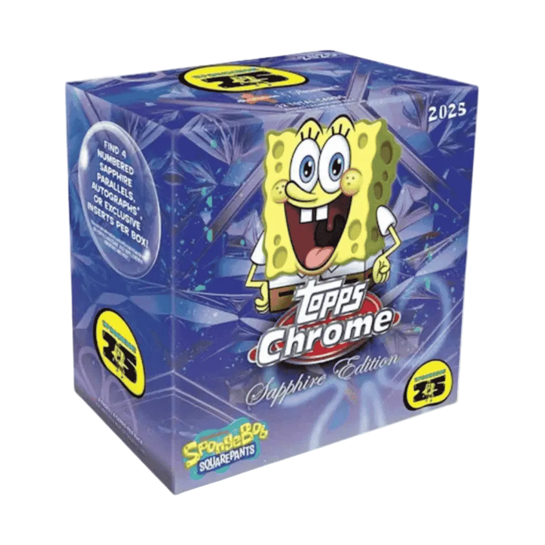 A 2025 Topps Chrome Spongebob Squarepants 25th Anniversary Sapphire Edition trading card box.