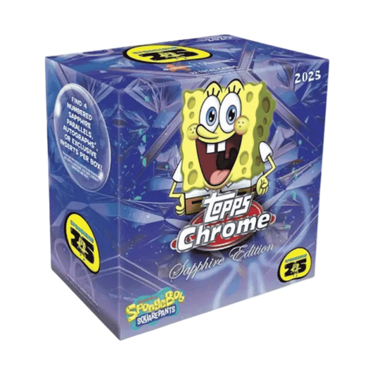 A 2025 Topps Chrome Spongebob Squarepants 25th Anniversary Sapphire Edition trading card box.