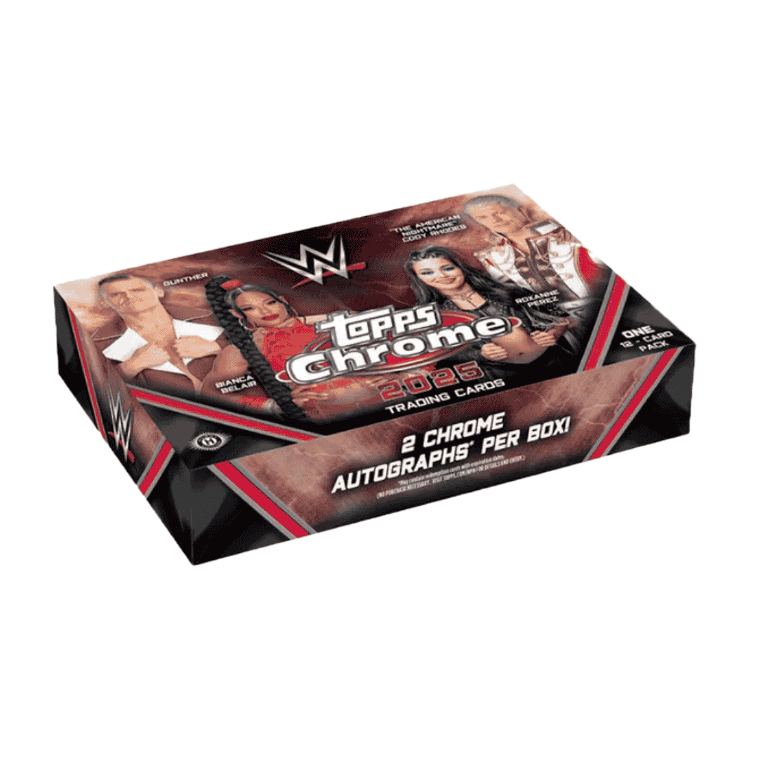 A 2025 Topps Chrome WWE Breaker's Delight trading card box featuring images of wrestling stars.