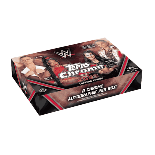 A 2025 Topps Chrome WWE Breaker's Delight trading card box featuring images of wrestling stars.