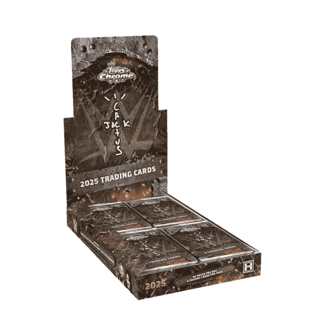 A 2025 Topps Chrome WWE x Cactus Jack hobby box containing twenty packs of trading cards.