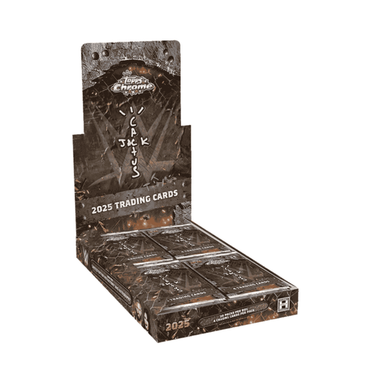 A 2025 Topps Chrome WWE x Cactus Jack hobby box containing twenty packs of trading cards.