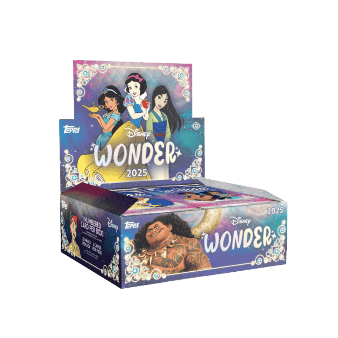 A 2025 Topps Disney Wonder hobby box featuring illustrations of various Disney characters.