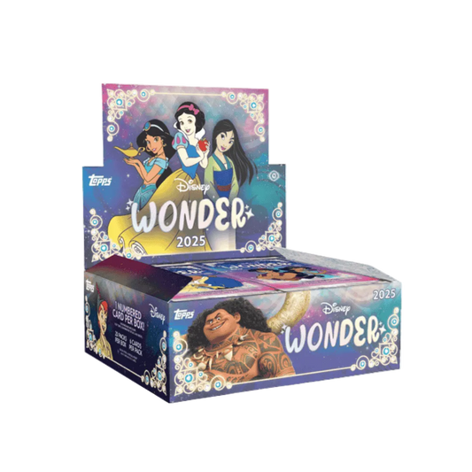 A 2025 Topps Disney Wonder hobby box featuring illustrations of various Disney characters.
