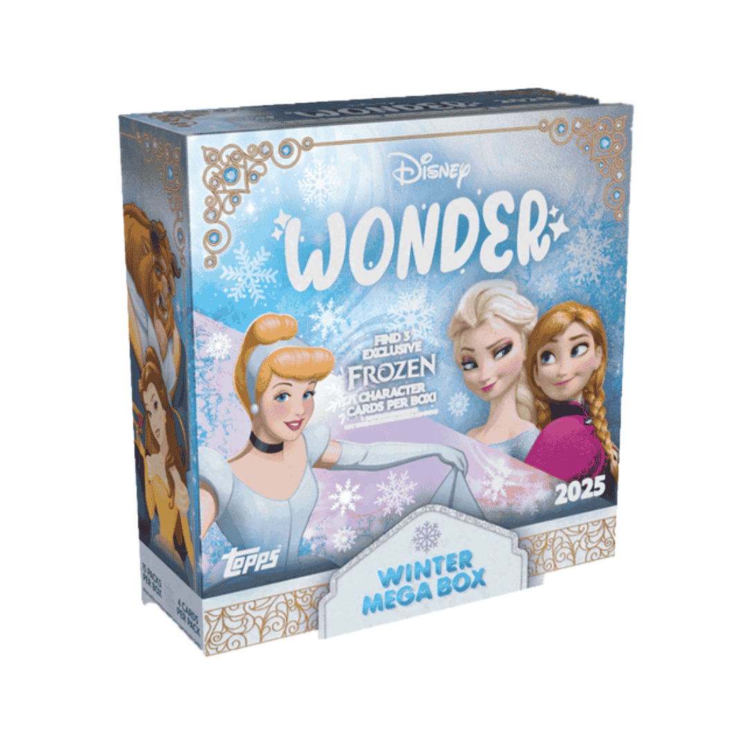 A 2025 Topps Disney Wonder Winter Mega Box featuring Cinderella, Elsa, and Anna.
