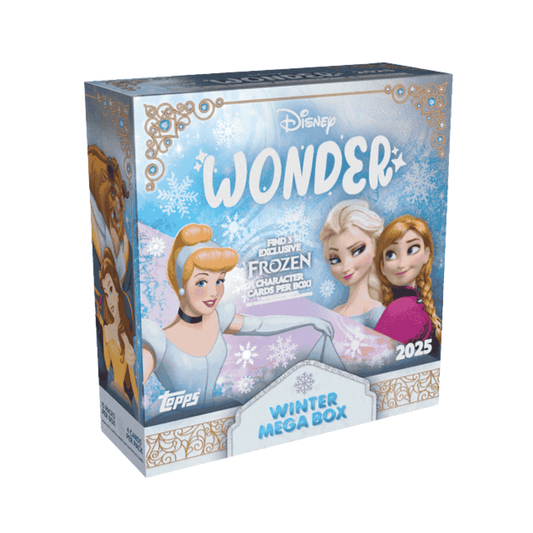 A 2025 Topps Disney Wonder Winter Mega Box featuring Cinderella, Elsa, and Anna.