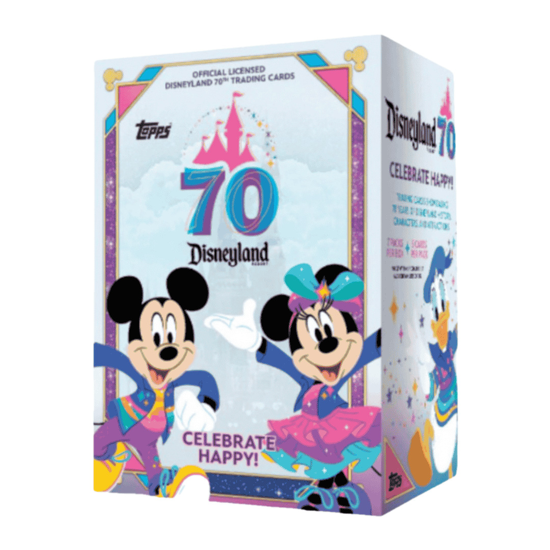 A 2025 Topps Disneyland 70th Anniversary blaster box featuring Mickey, Minnie, and Donald Duck.