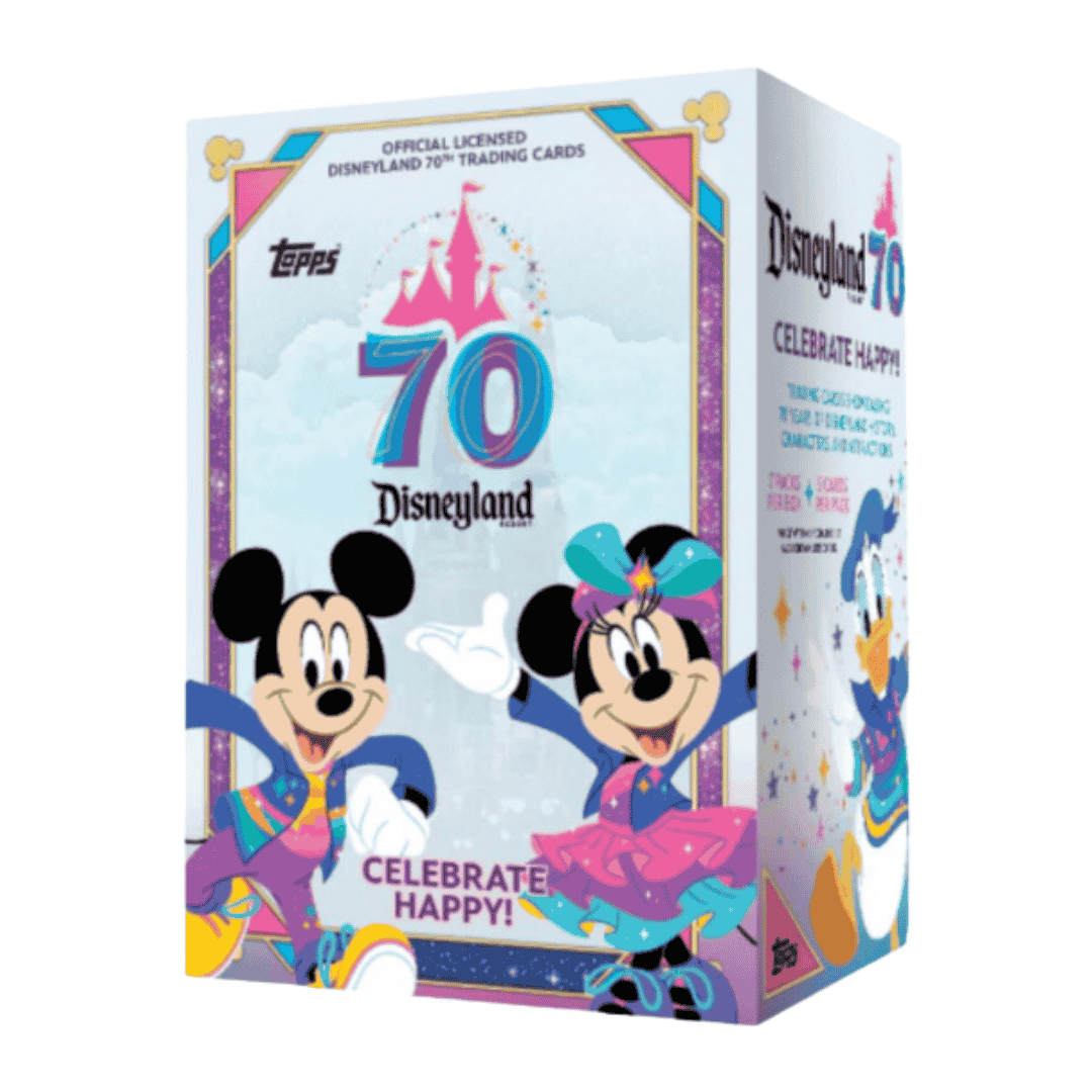 A 2025 Topps Disneyland 70th Anniversary blaster box featuring Mickey, Minnie, and Donald Duck.