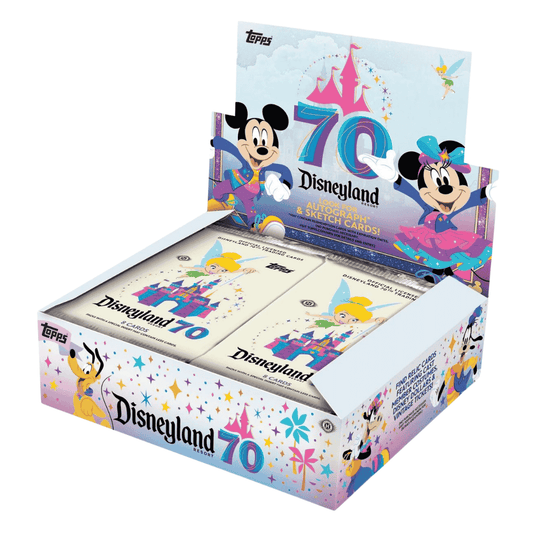 A 2025 Topps Disneyland 70th Anniversary hobby box featuring Mickey, Minnie, and Tinker Bell.