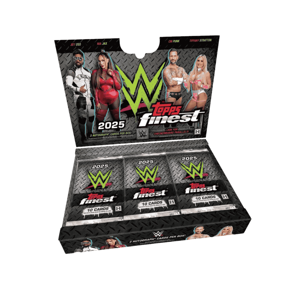 A 2025 Topps Finest WWE hobby box featuring three packs and images of professional wrestlers.
