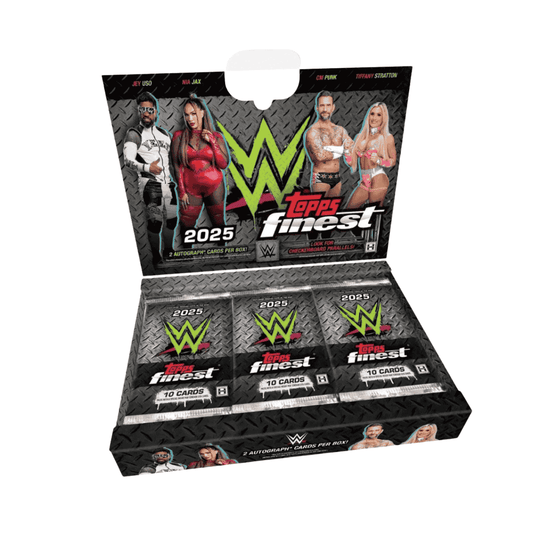 A 2025 Topps Finest WWE hobby box featuring three packs and images of professional wrestlers.